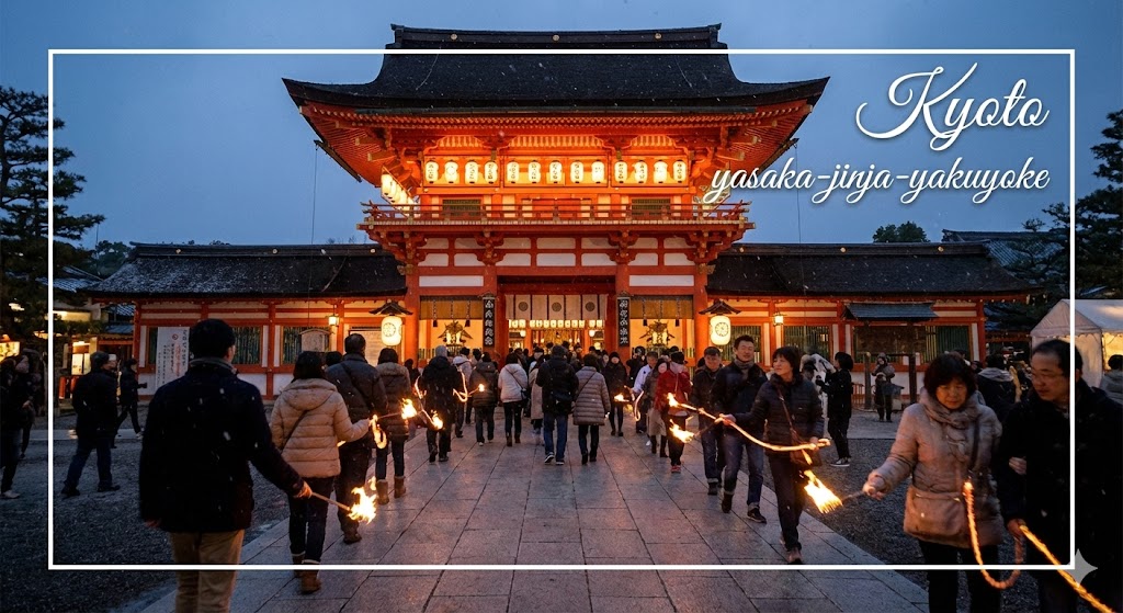 雪の八坂神社で火縄を持つ参拝者たち。年末の伝統行事「をけら詣り」の様子。『Kyoto yasaka-jinja-yakuyoke