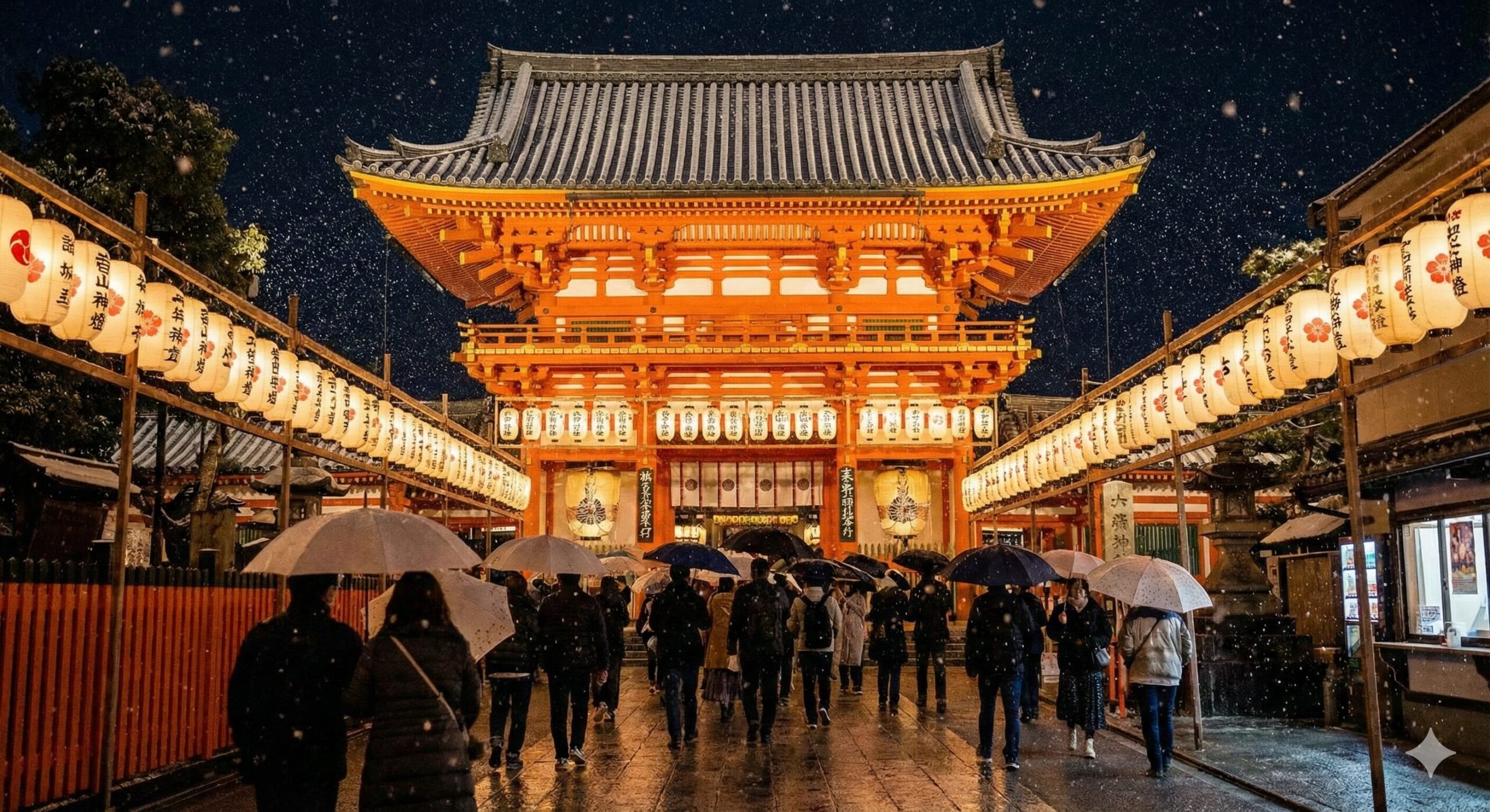 大晦日の夜、雪が舞う中で多くの参拝客で賑わう京都・八坂神社の西楼門と提灯の灯り。