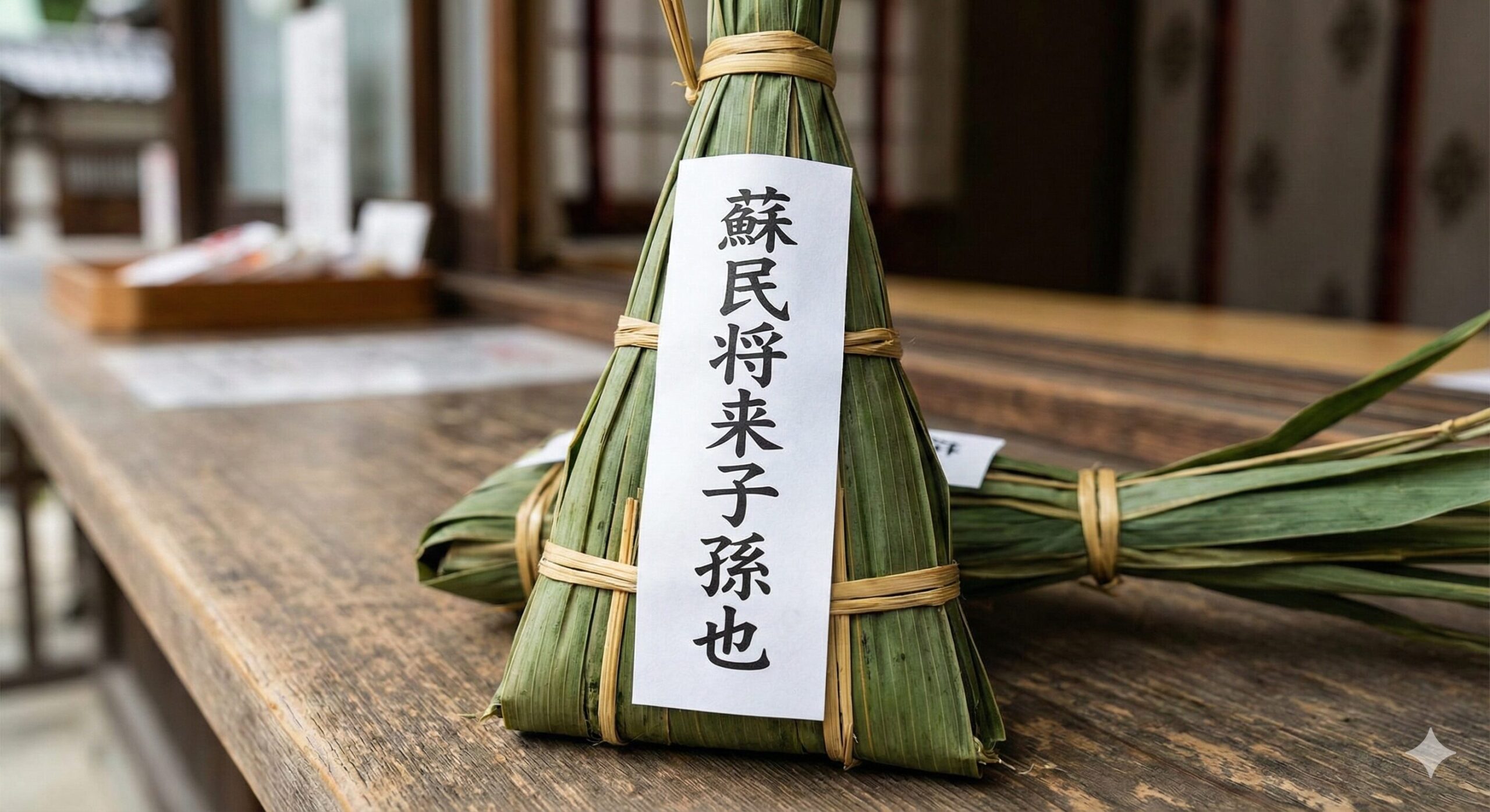 八坂神社で授与される厄除けの粽（ちまき）。「蘇民将来子孫也」と書かれた護符が取り付けられている
