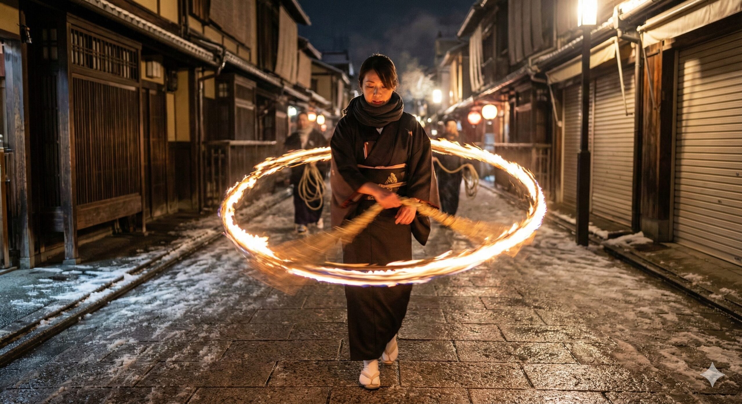をけら詣りの帰り道、火が消えないように吉兆縄をくるくると回しながら歩く女性。火の軌跡が見える。