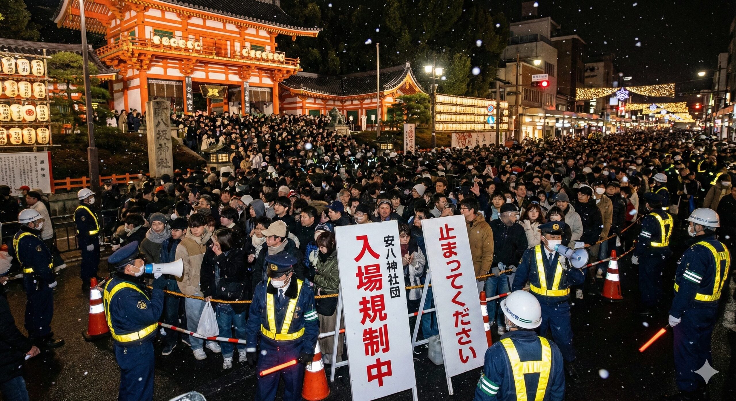 大晦日の夜、八坂神社前の四条通を埋め尽くす初詣の参拝客と、入場規制を行う警察官の様子。