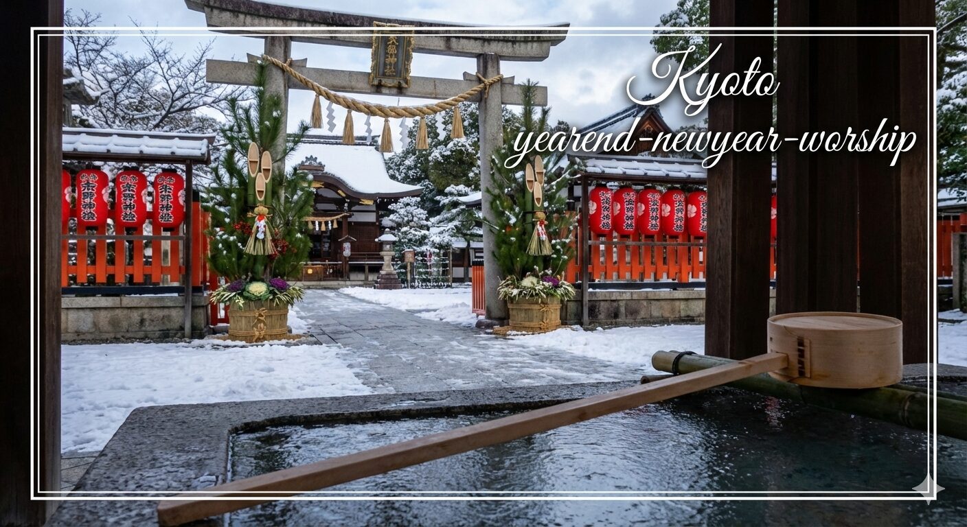 雪景色の京都の神社。門松や提灯が飾られ、年末年始の参拝の様子を伝える写真。『Kyoto yearend-newyear-worship