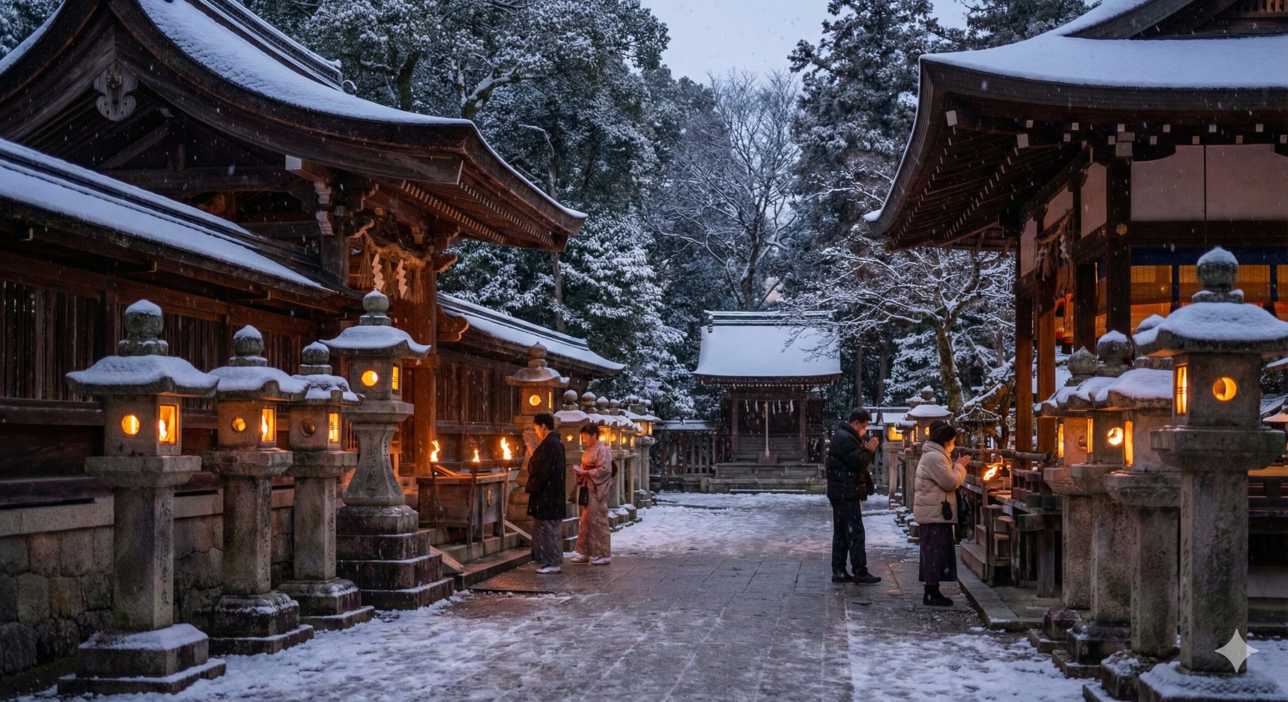 夕暮れ時の京都の神社。石灯籠に火が灯り、薄っすらと雪が舞う静謐で厳かな初詣の風景