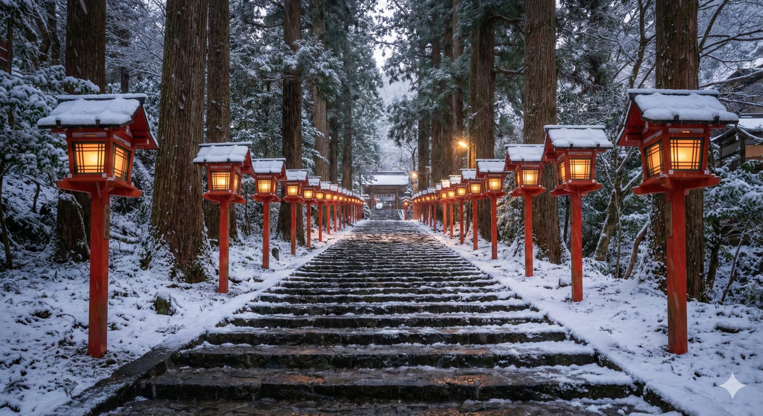 冬の京都・貴船神社の参道。雪化粧をした石段の両脇に並ぶ赤い灯籠が幻想的な雰囲気。