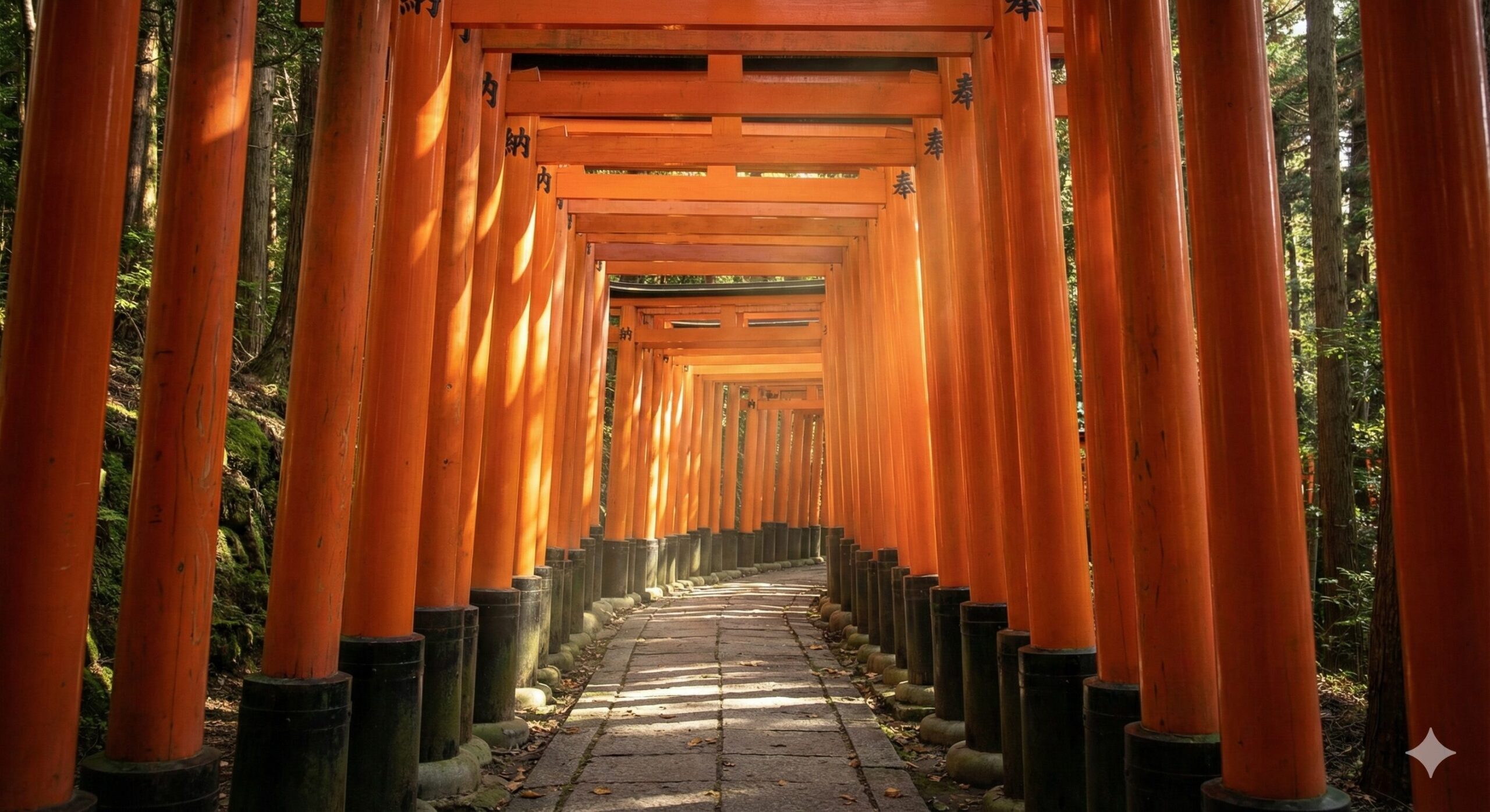 伏見稲荷大社の千本鳥居。連なる鮮やかな朱色の鳥居の間から柔らかい光が差し込む美しい光景。