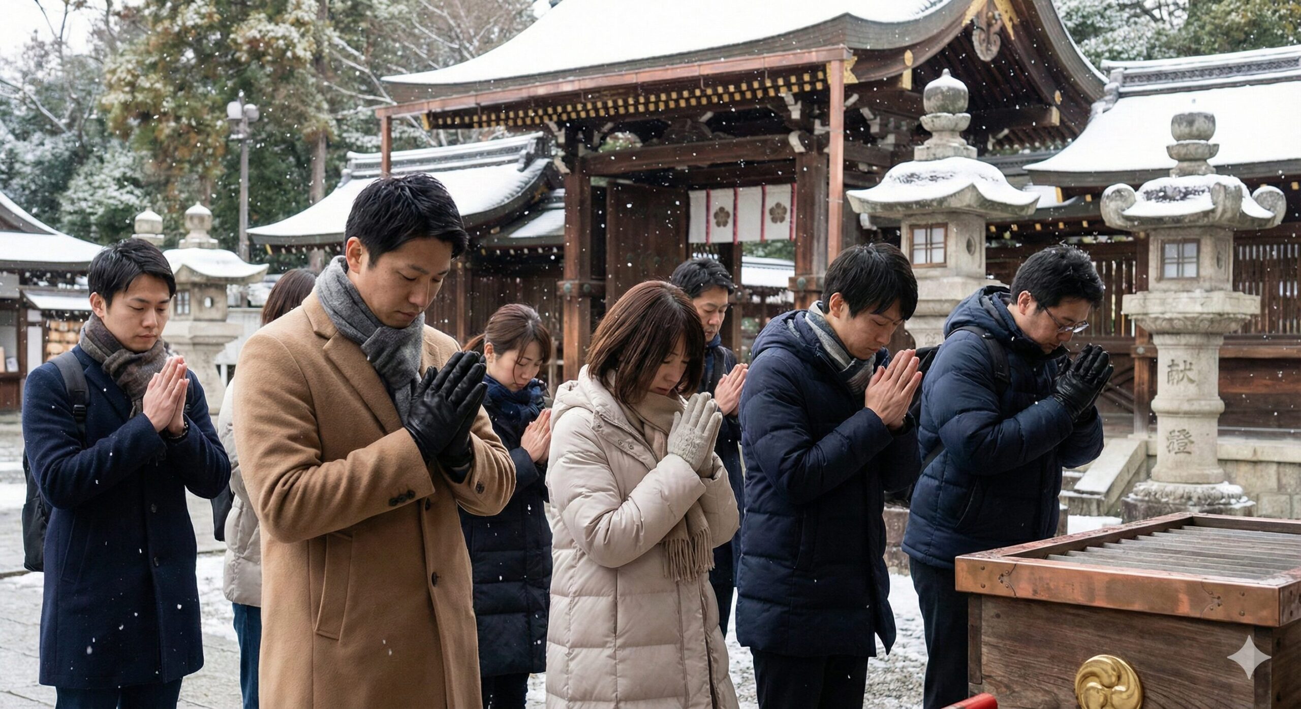 京都の神社で、毛皮を避け清潔感のある冬の服装で静かに手を合わせる日本人の参拝者。