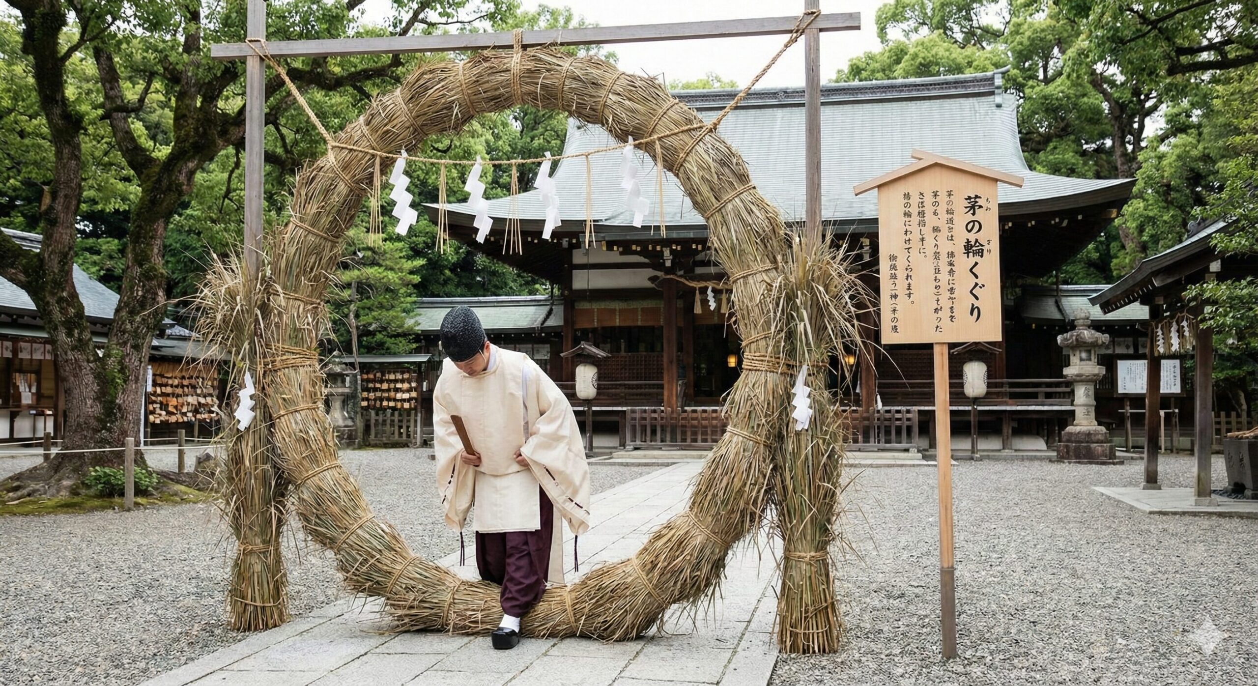 神社の境内に設置された大きな茅の輪（ちのわ）。厄除けと浄化のための伝統的なしきたり。