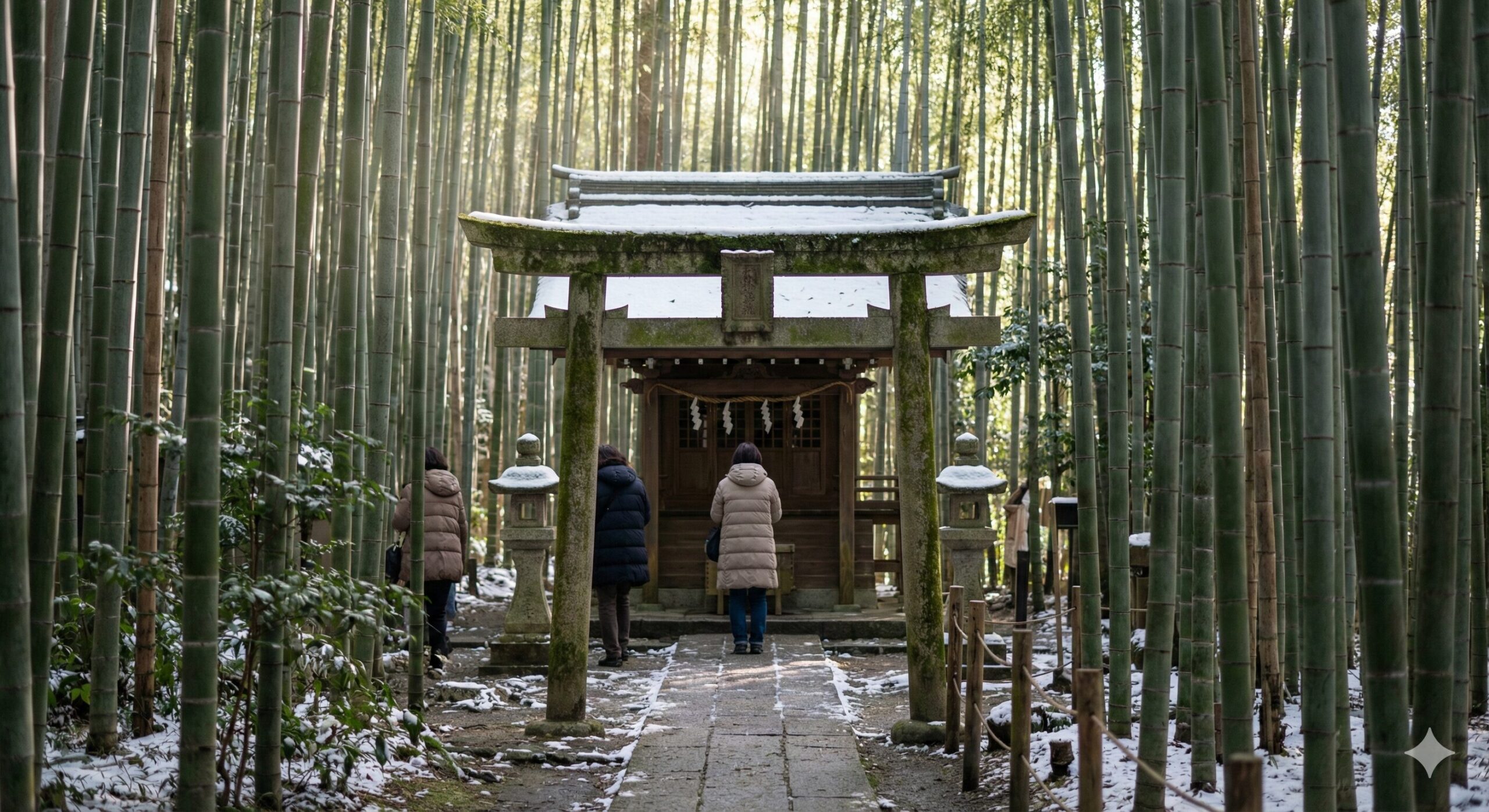 竹林の奥にひっそりと佇む京都の隠れた神社。混雑を避け、静寂の中で霊気を感じる初詣のイメージ。