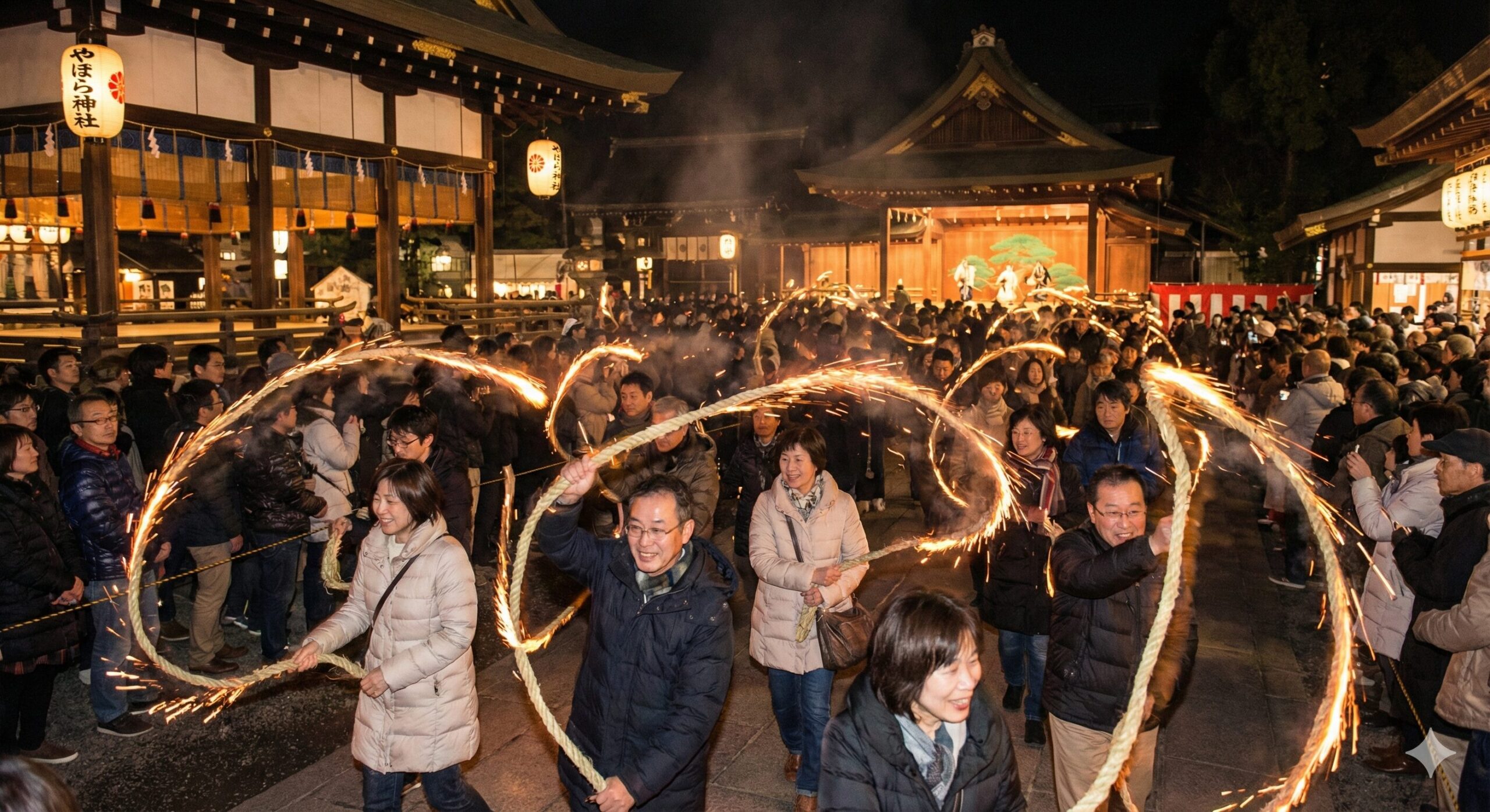 京都・八坂神社のおけら詣り。大晦日の夜に吉兆縄を回し、浄火を維持しながら歩く日本人の参拝客。