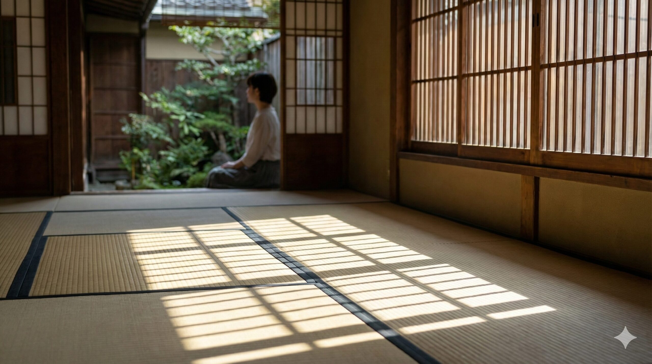 京都の町家内部に格子窓から差し込む柔らかな光と畳に落ちる美しい影のコントラスト