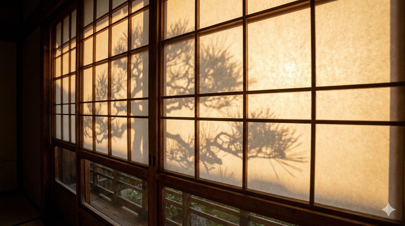 障子越しに透過する夕暮れの柔らかな光と庭木のシルエットが作る伝統的な美