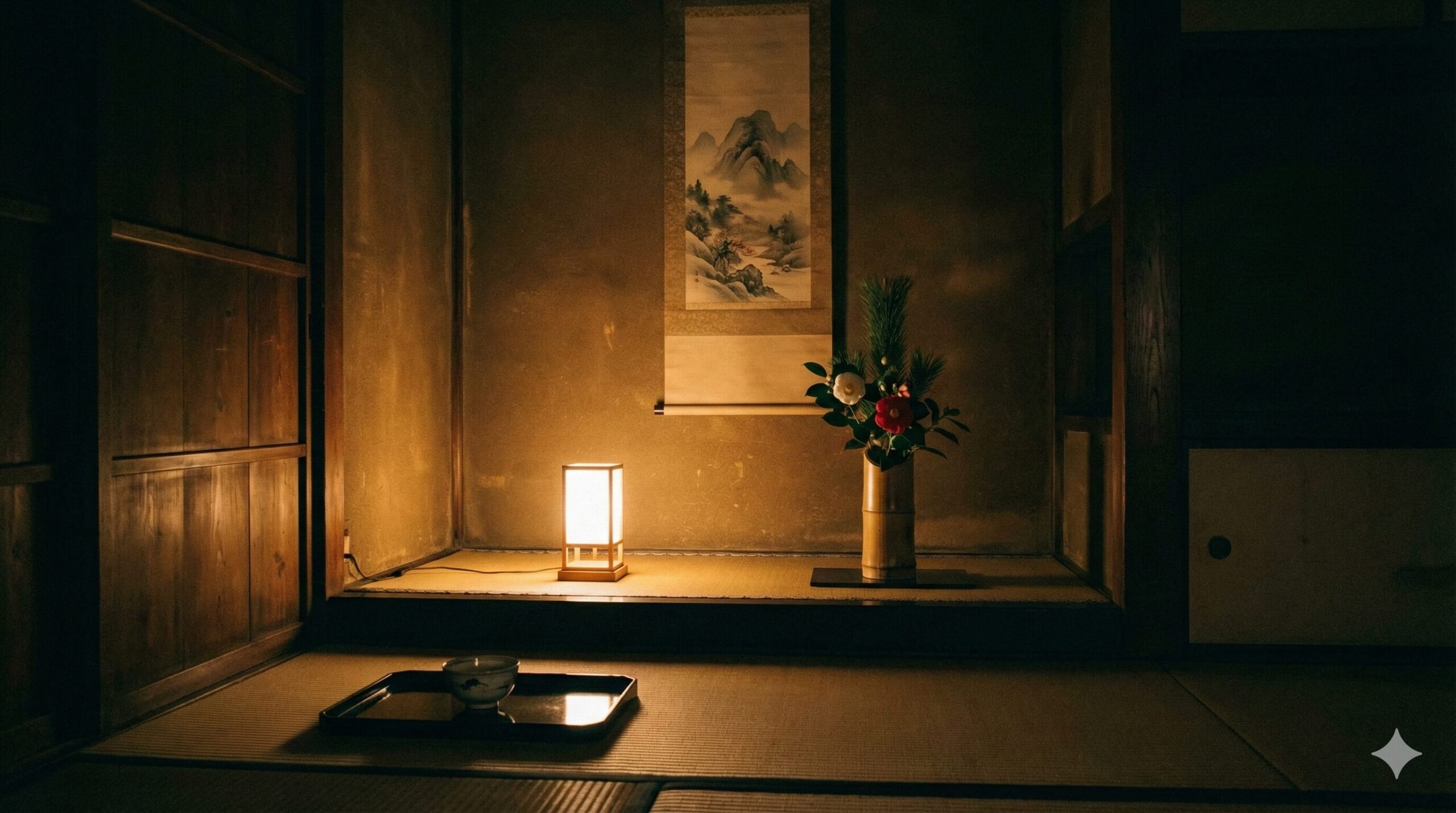 陰翳礼讃の思想を体現する、薄暗い空間に浮かび上がる床の間の掛け軸と生け花