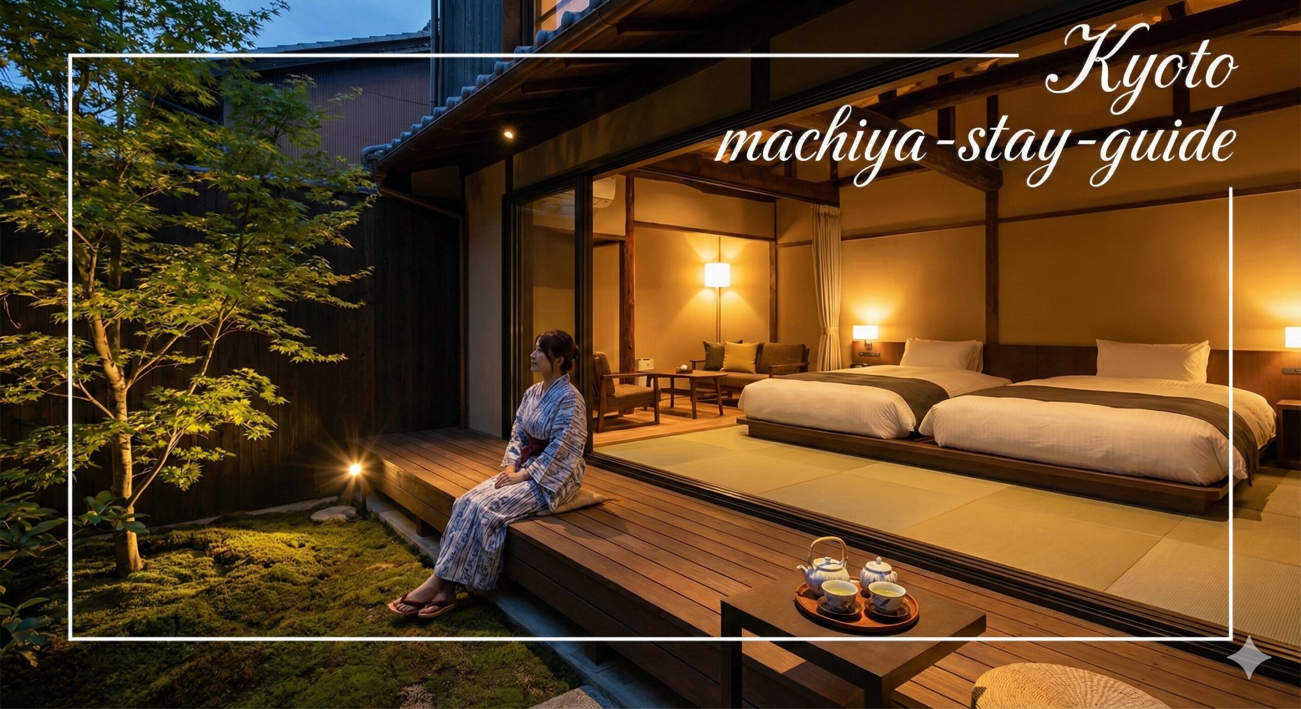 京町家の宿で庭を眺める浴衣の女性。京都の町家宿泊ガイドのイメージ画像（Kyoto machiya-stay-guide）。