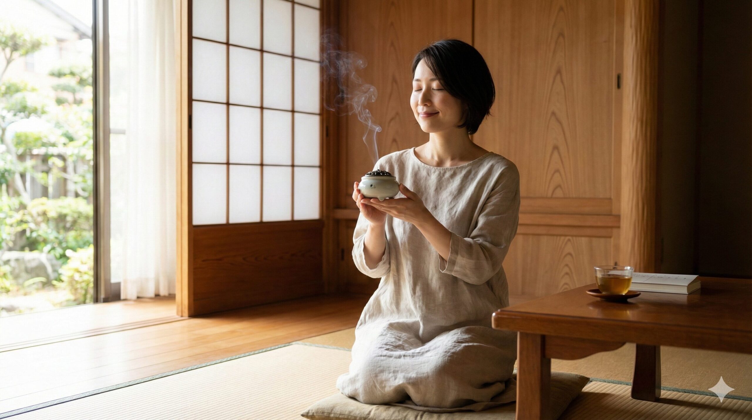 畳の部屋で静かにお香を焚き、リラックスした時間を過ごす日本人の女性