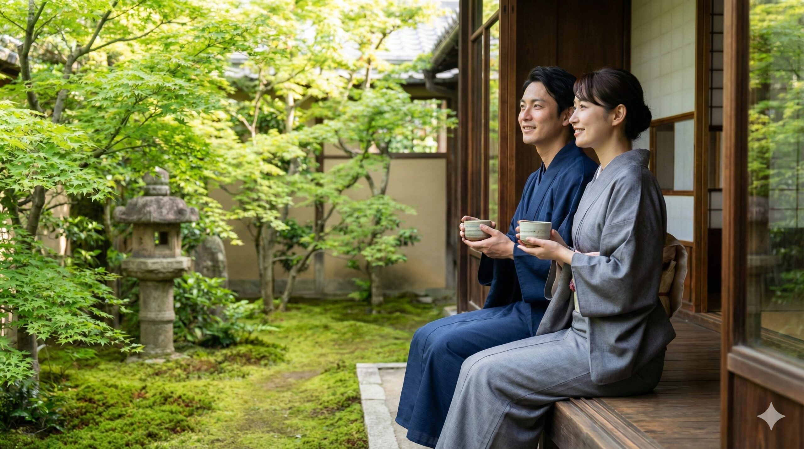 伝統的な京町家の縁側に座り、庭園を眺めながら穏やかな時間を共有する日本人のカップル
