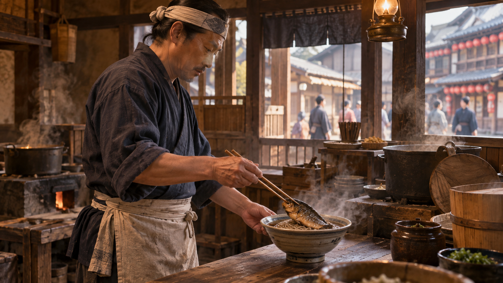 明治期の京都で料理人がにしんそばを盛り付ける再現イメージ
