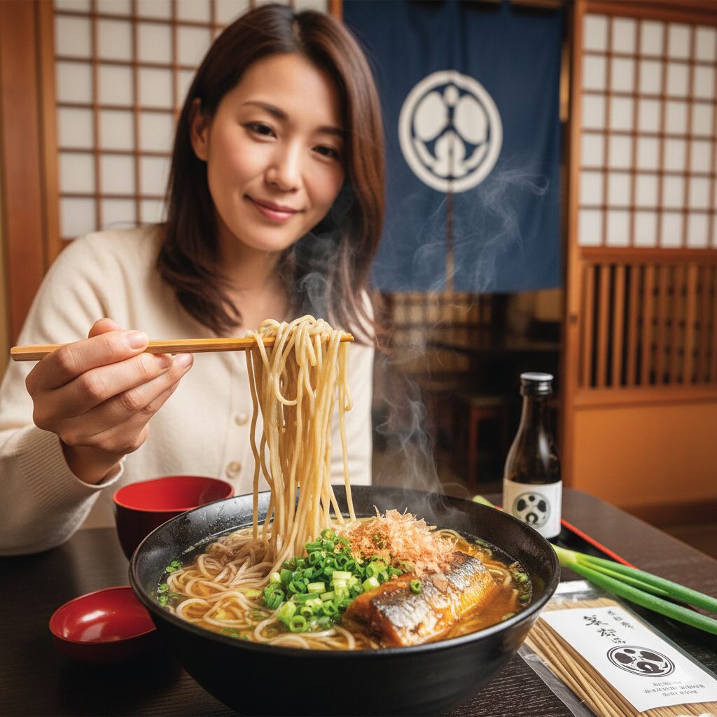 湯気が立ち上る温かい京都名物のにしんそば。大きなニシンの甘露煮と九条ネギが添えられた冬の京都の食文化。