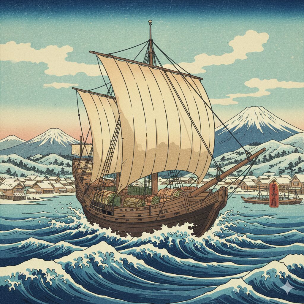 日本海を航行し北海道から京都へニシンや昆布を運んだ伝統的な商船、北前船。