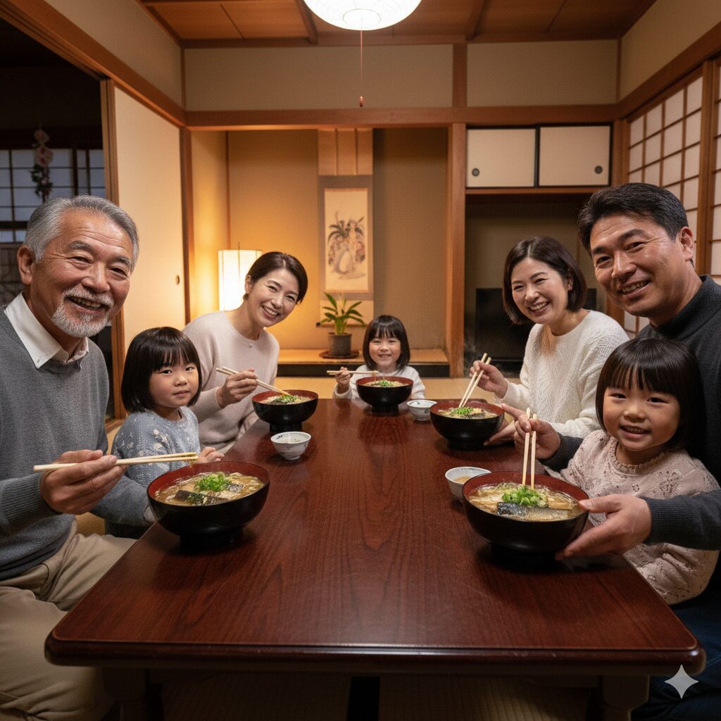 大晦日に家族で「二親（にしん）そば」を食べ、両親への感謝と健康を願う日本の家庭の団らん風景。