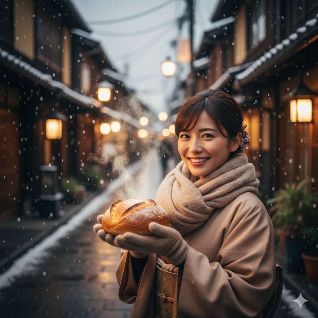 底冷えする冬の京都で、湯気を立てる焼きたてパンを手に微笑む日本人女性。 京都のパン文化と冬の限定品を楽しむ様子。