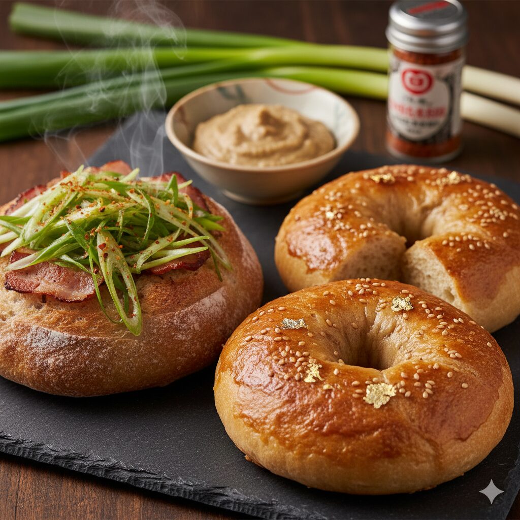 九条ねぎとベーコンを使った惣菜パンと、西京味噌を使用した味噌パンのアップ。 京都独自の和モダンな総菜パンのテロワール。