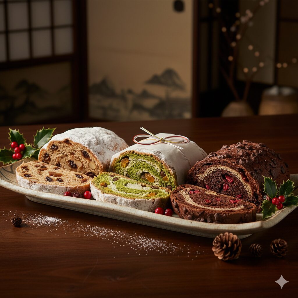 正統派、和風、革新派の3種類のシュトーレンをスライスし、おしゃれな皿に並べて比較した様子。 京都で進化するクリスマス菓子。