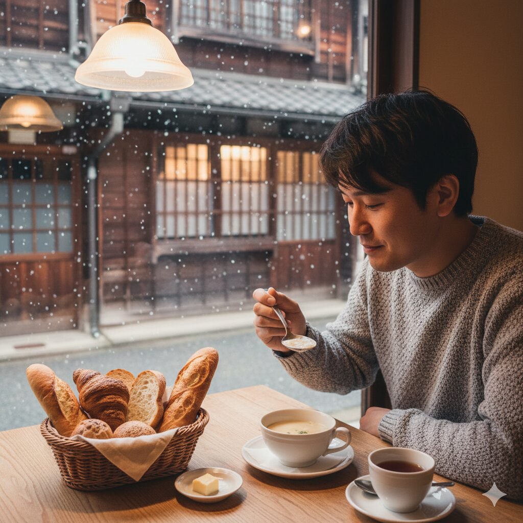 冷えた体を温める温かいスープとパンバスケットのセットを楽しむ、京都の老舗ベーカリーでの冬のモーニング風景。