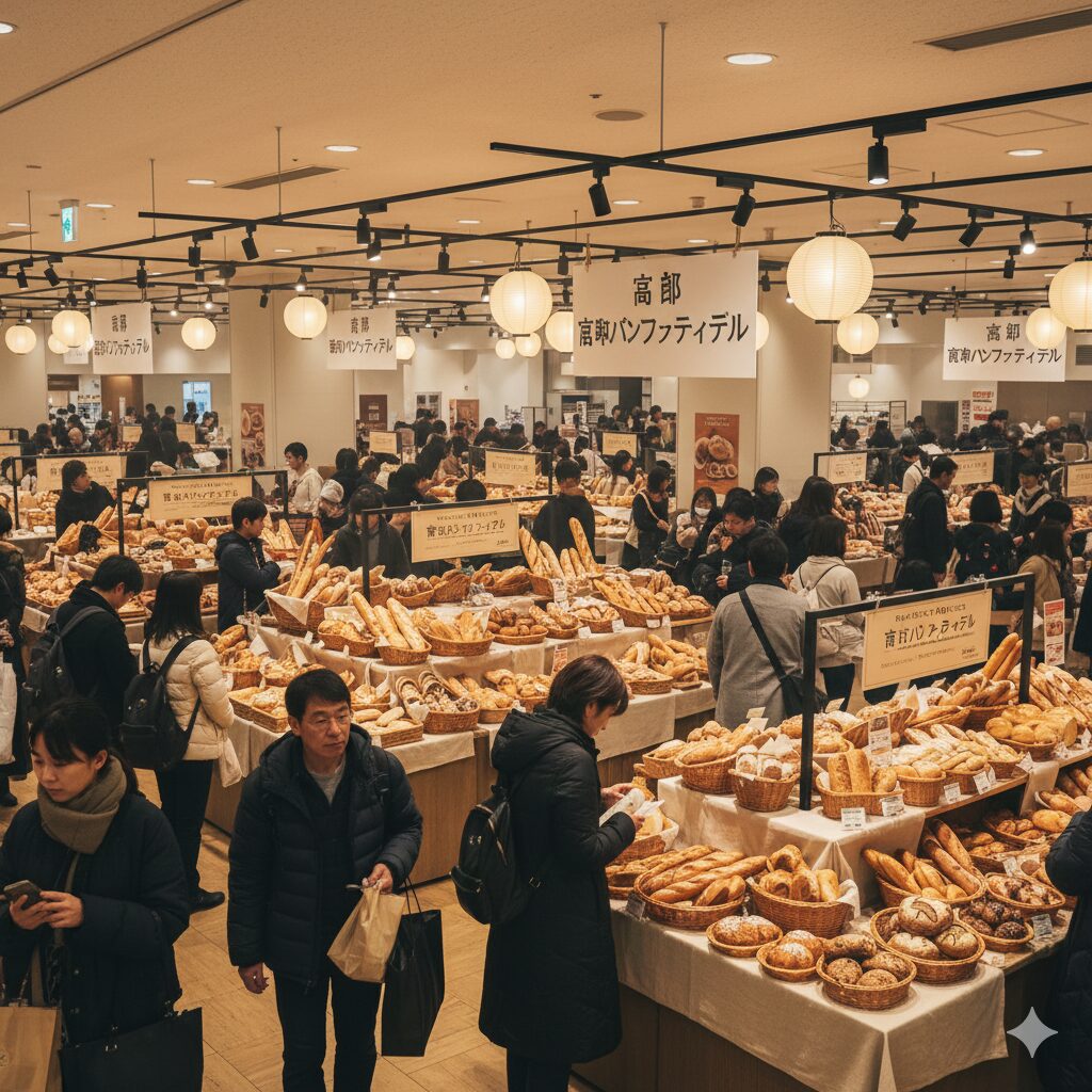 ジェイアール京都伊勢丹などで開催されるパンフェスティバルの活気ある様子。 約300種類のパンが並ぶパンの迷宮。