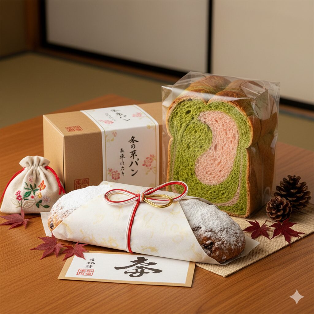 和紙や水引で飾られたシュトーレンと、抹茶や苺のマーブル模様が美しいデニッシュ食パン。 冬の京都旅行に最適なお土産パン。