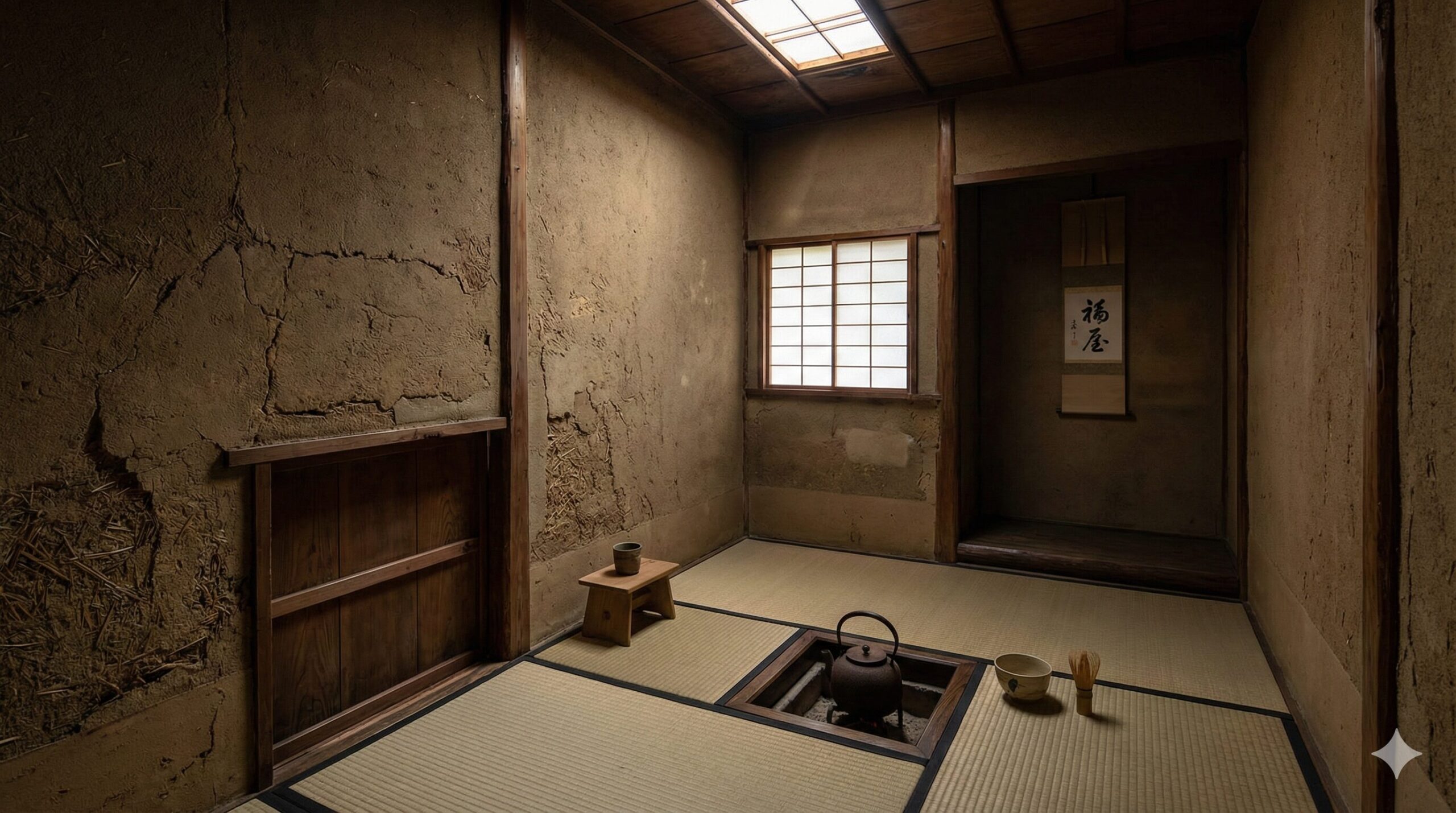 千利休が追求した、わずかな光と土壁に囲まれた侘びた茶室の内部。