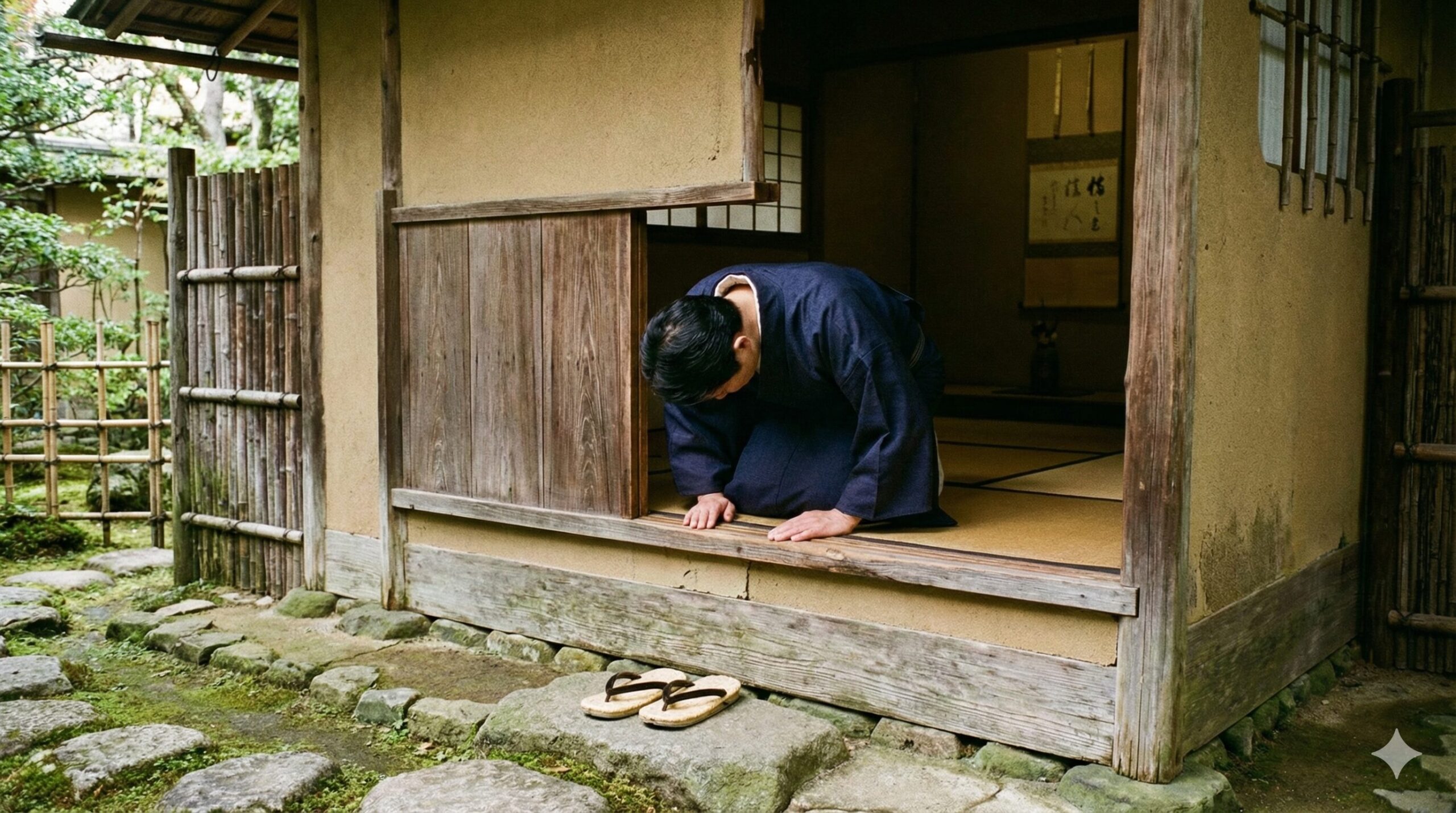 茶室の小さな躙口から、身をかがめて入室する着物姿の人物。