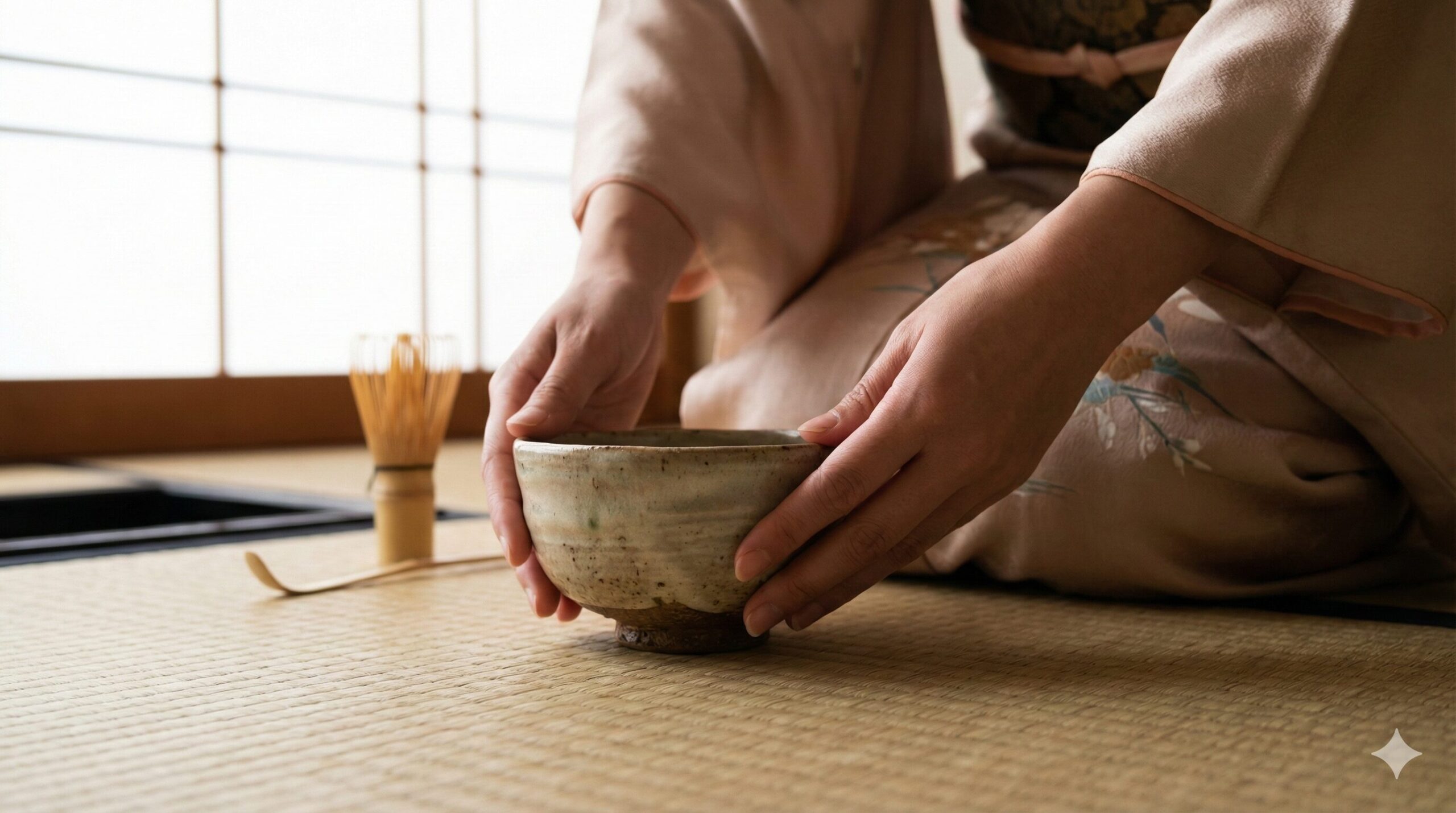 茶室で抹茶茶碗を丁寧に回す、着物姿の女性の手