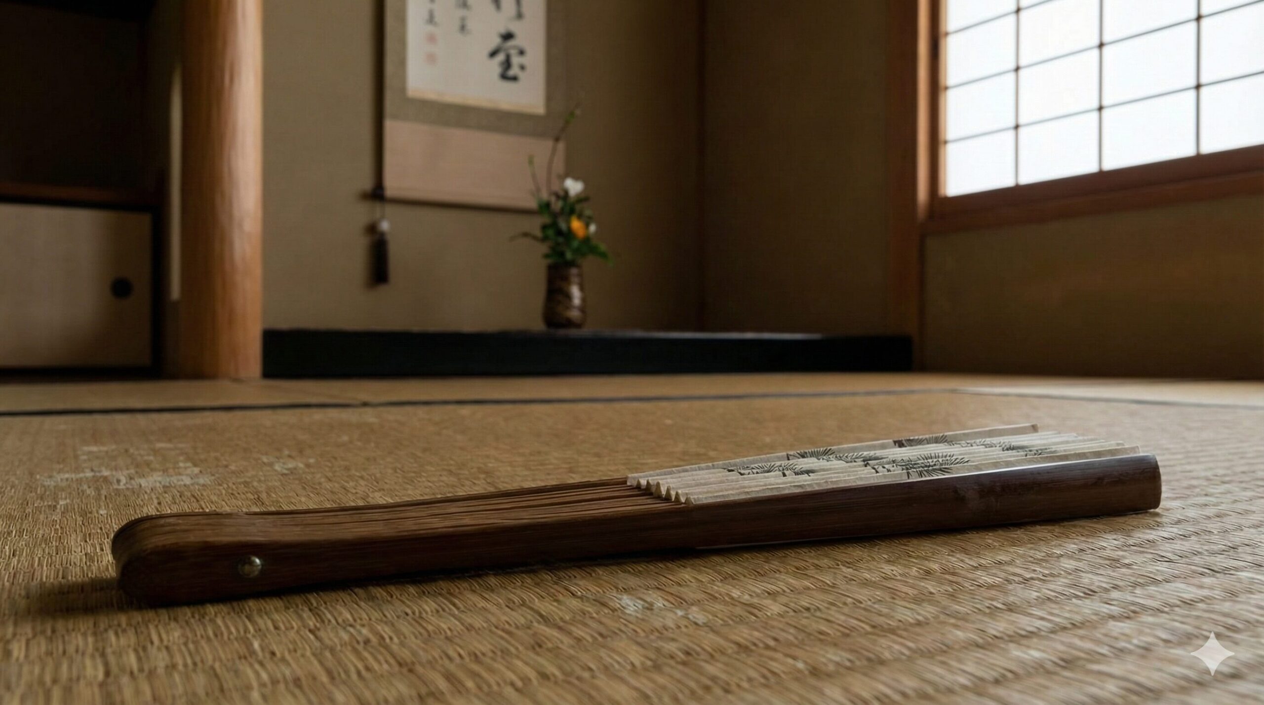 茶室の畳の上に、結界として置かれた閉じた扇子。