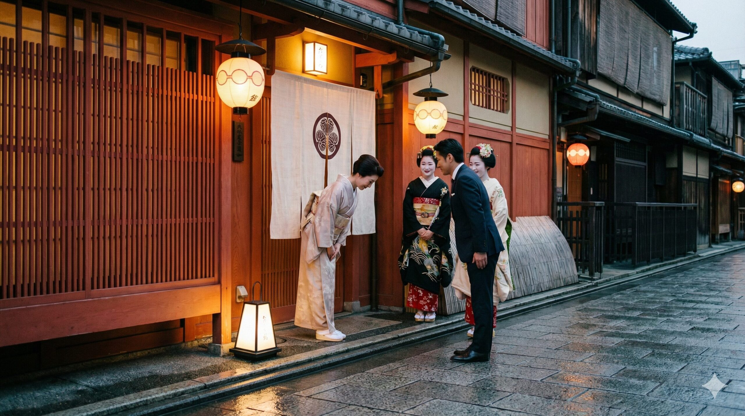 京都・祇園のお茶屋の入り口で、顧客が丁寧に出迎えられている様子。