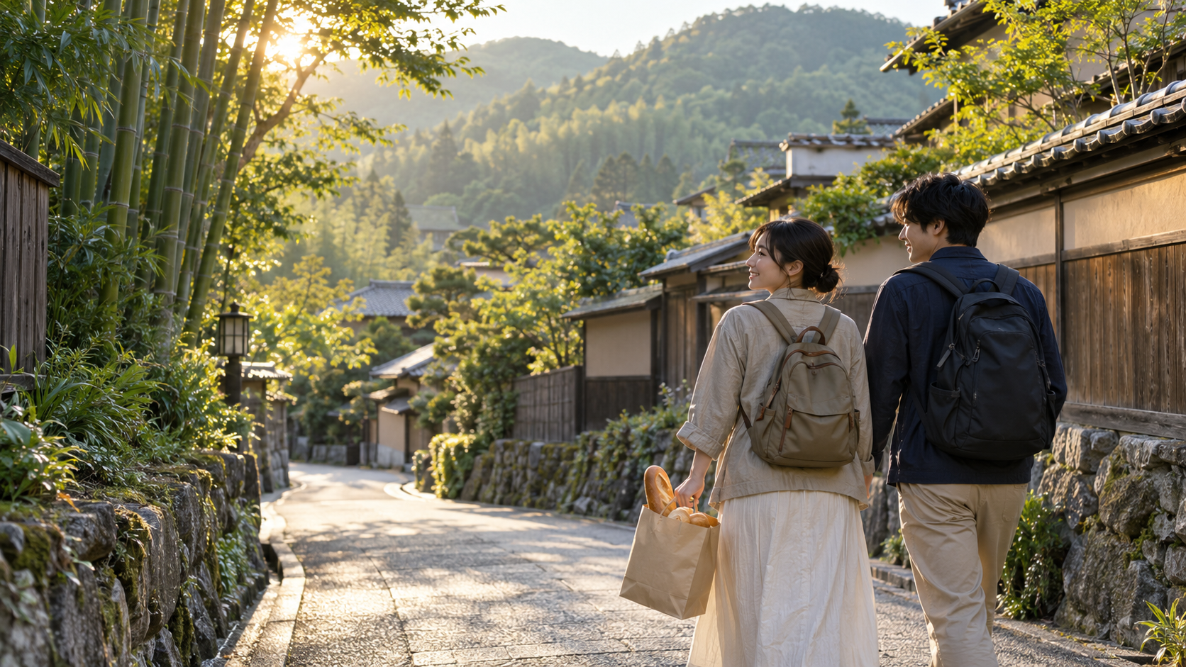 朝日が差し込む京都の嵯峨・嵐山周辺を歩く日本人旅行者