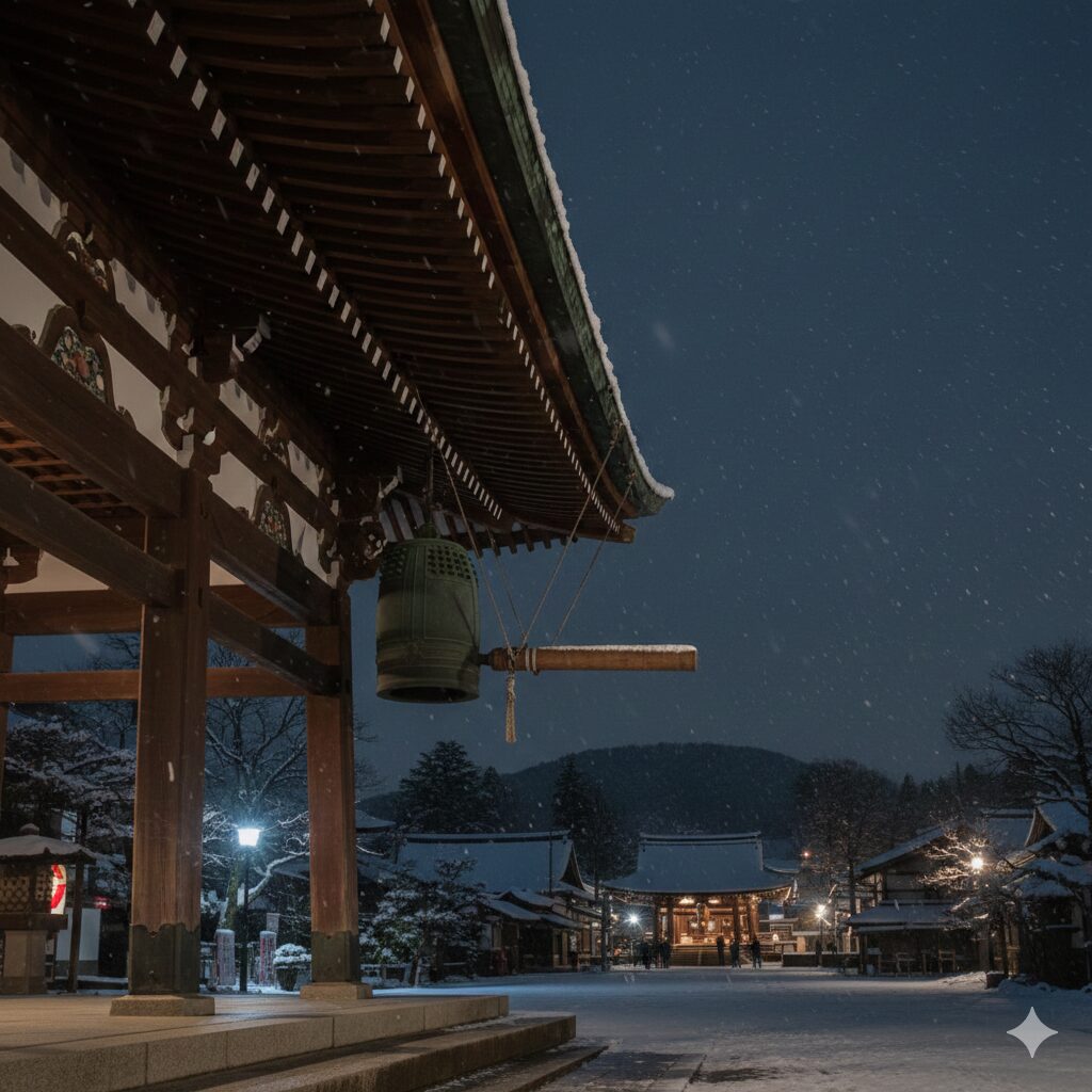 厳しい寒さの中、雪が舞う古都・京都の寺院から、新年を迎える除夜の鐘の音が響き渡る、静寂で荘厳な夜の風景。
