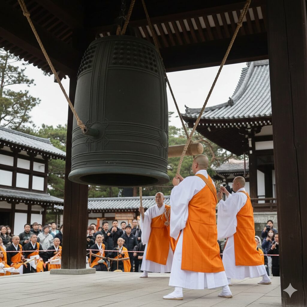 浄土宗総本山・知恩院の巨大な梵鐘を、17人の僧侶が独特の「逆の撞き」で力強く鳴らす、迫力ある大晦日の儀式の様子。