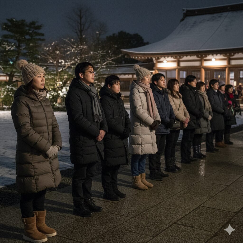 京都の底冷え対策として、防寒着をしっかりと着用した参拝者が、深夜の寺院の境内にある除夜の鐘の列に並んで待機している様子。