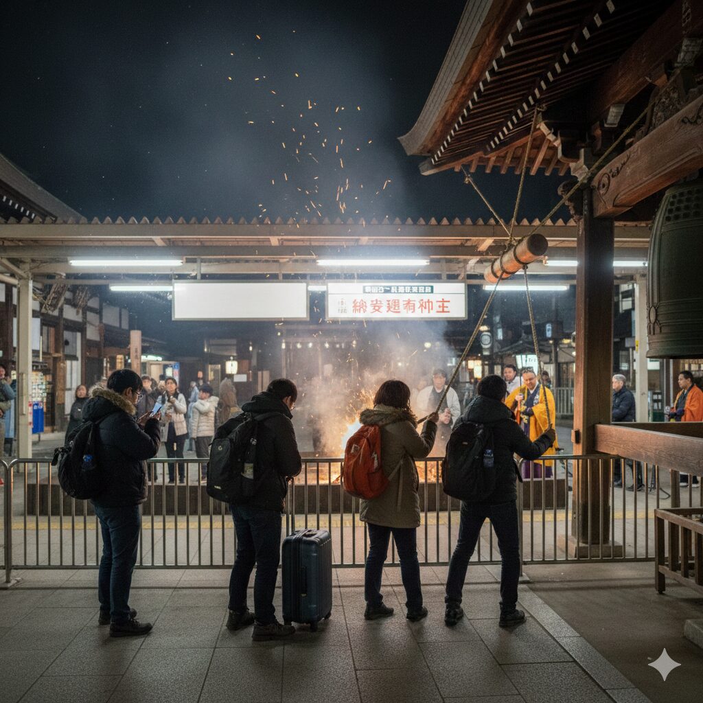八坂神社の伝統的な神事である「をけら詣り」。参拝者が吉兆縄を回し、薬草の火種を持ち帰る様子。
