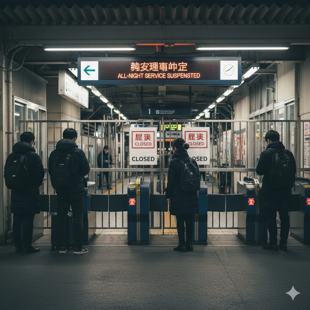 大晦日深夜、終夜運転が中止されシャッターが閉まった京都の駅の改札口。交通手段を失い、途方に暮れる旅行者。