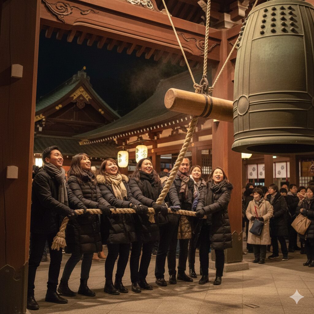 グループで除夜の鐘を撞く体験の様子。数人の参拝者が協力して大きな綱を引き、回転率が高く確実に鐘を撞ける参加型の寺院の雰囲気。