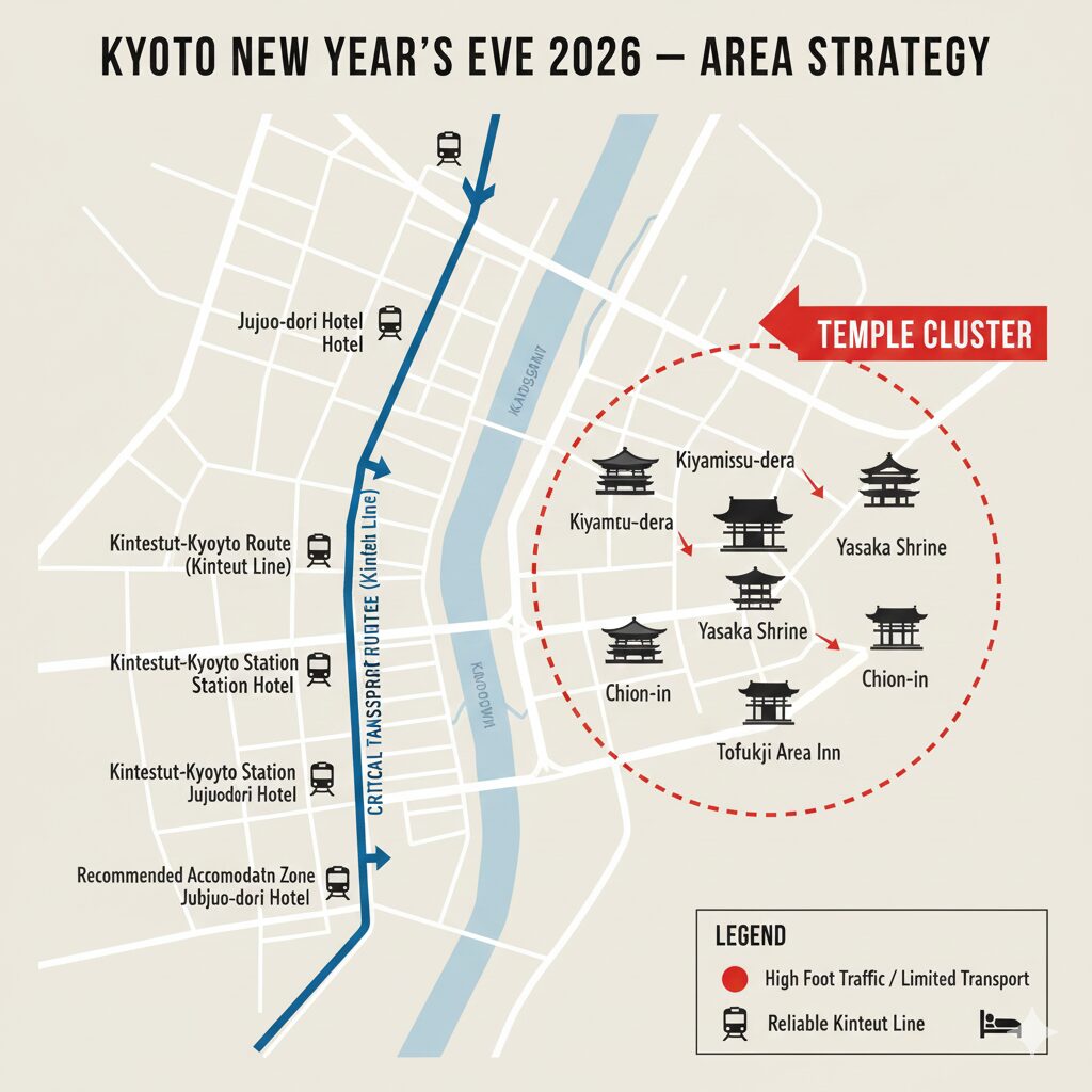 2026年大晦日の京都の交通状況を踏まえたエリア戦略図。東山エリアの寺院集中地と、近鉄沿線ホテルを繋ぐ移動ルートの重要性を示している。