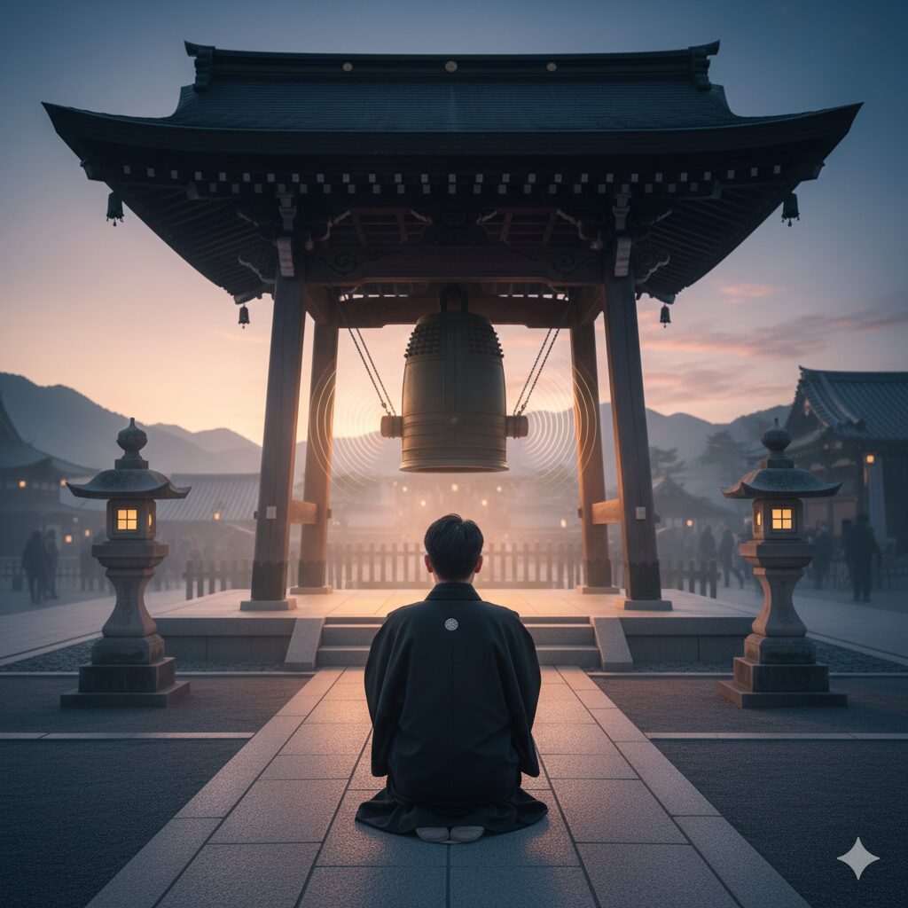 2026年の夜明け前、除夜の鐘が鳴り響く寺院の鐘楼の前で、新しい年への希望を込めて静かに合掌している参拝者の後ろ姿。