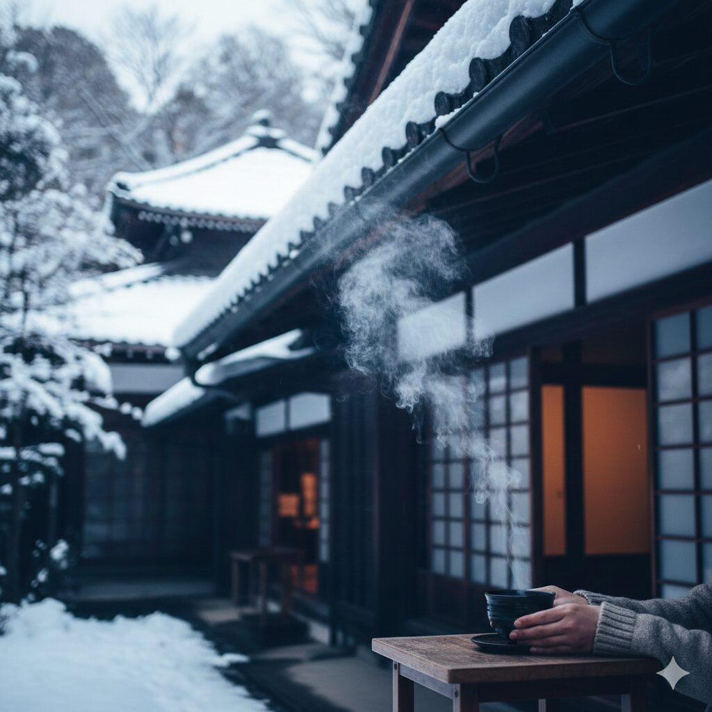 雪が積もった静かな京都の古民家または寺院の軒先で、湯気の立つ温かいお茶とお香の煙がたゆたう様子。冷たい空気と温かい香りの対比。