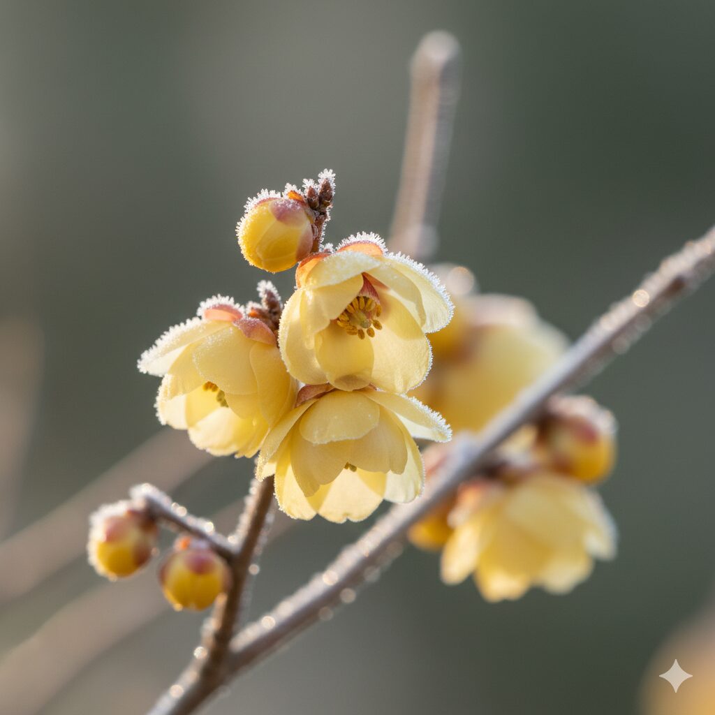 厳しい冬の冷たい空気の中で、半透明の黄色い花弁を咲かせ、甘い芳香を放つ蝋梅（ロウバイ）のクローズアップ。