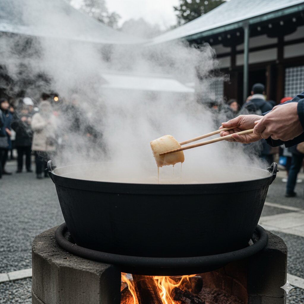 寒空の下、千本釈迦堂（大報恩寺）の大根焚きの巨大な釜から、湯気が立ち上っている情景。熱々の大根を持つ日本人の手元。