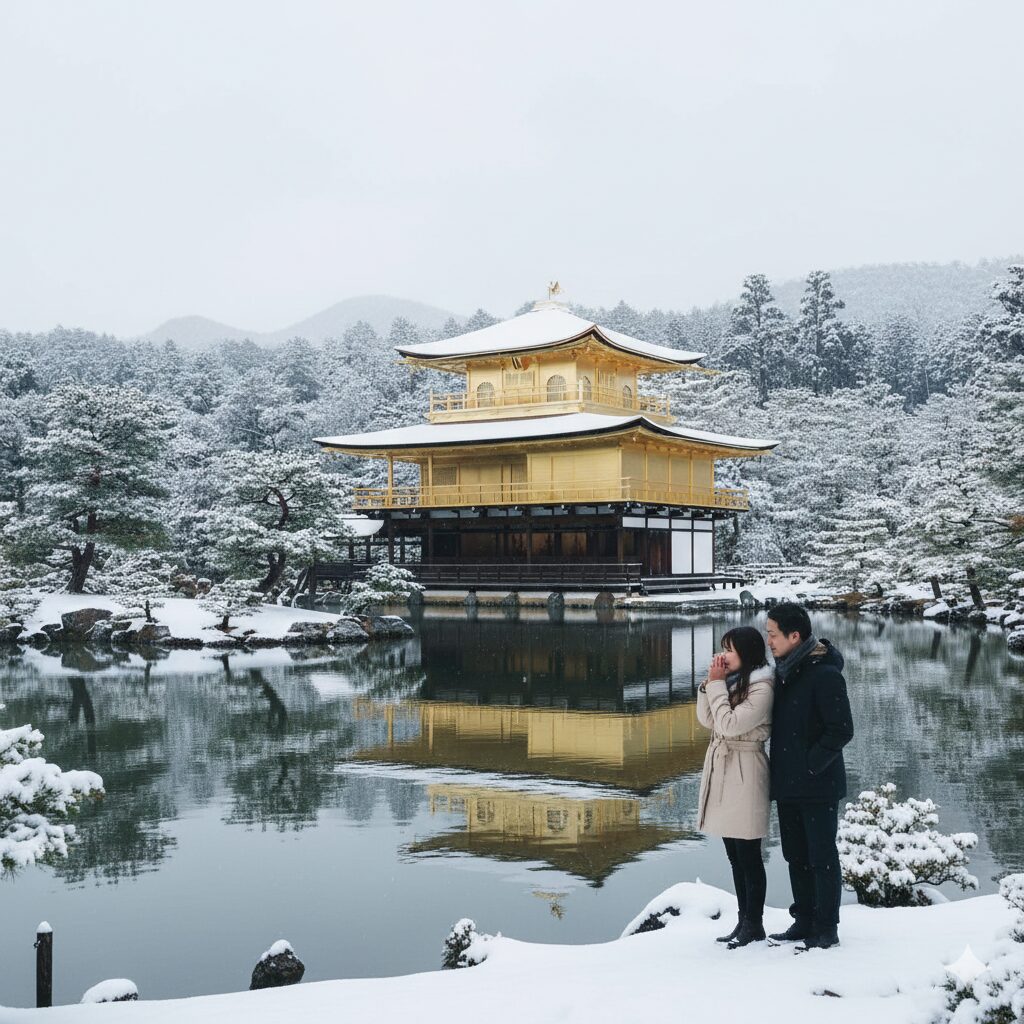 雪が積もった白銀の金閣寺（鹿苑寺）の情景。静寂に包まれた境内で、コートを着たカップルが立ち止まり、香りを嗅いでいる様子。
