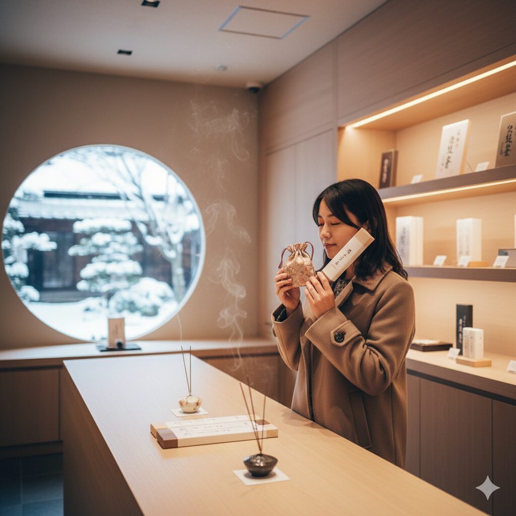 京都の老舗お香店（松栄堂の薫習館をイメージ）のモダンな展示スペースで、冬限定の線香や匂い袋を手に取り、香りを試している日本人の女性。
