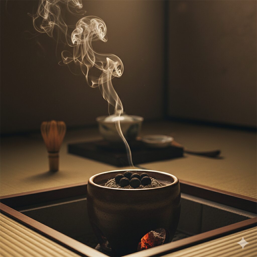 茶室の炉（いろり）のそばに置かれた香炉（火取香炉）の中で、練香が炭の熱で温められ、甘く芳醇な香りの煙が立ち上っている様子。