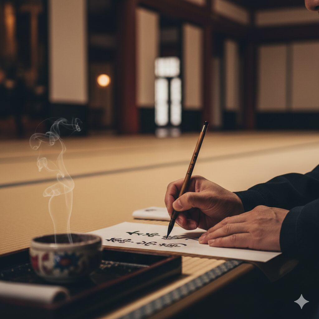 静かな寺院の本堂で、写経を行う日本人の手元と、手前に置かれた塗香（ずこう）の容器。厳粛な雰囲気と香りの様子。